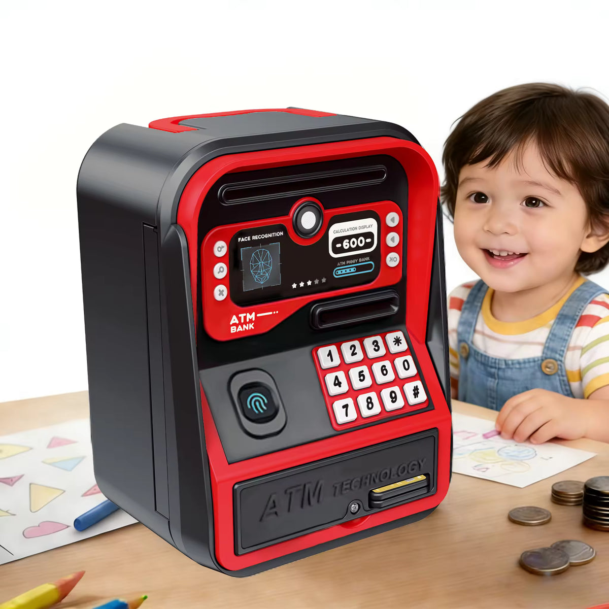 ATM Piggy Bank Money Safe for Kids – Fingerprint & Password Lock, Card Insert, Auto Bill Feeder