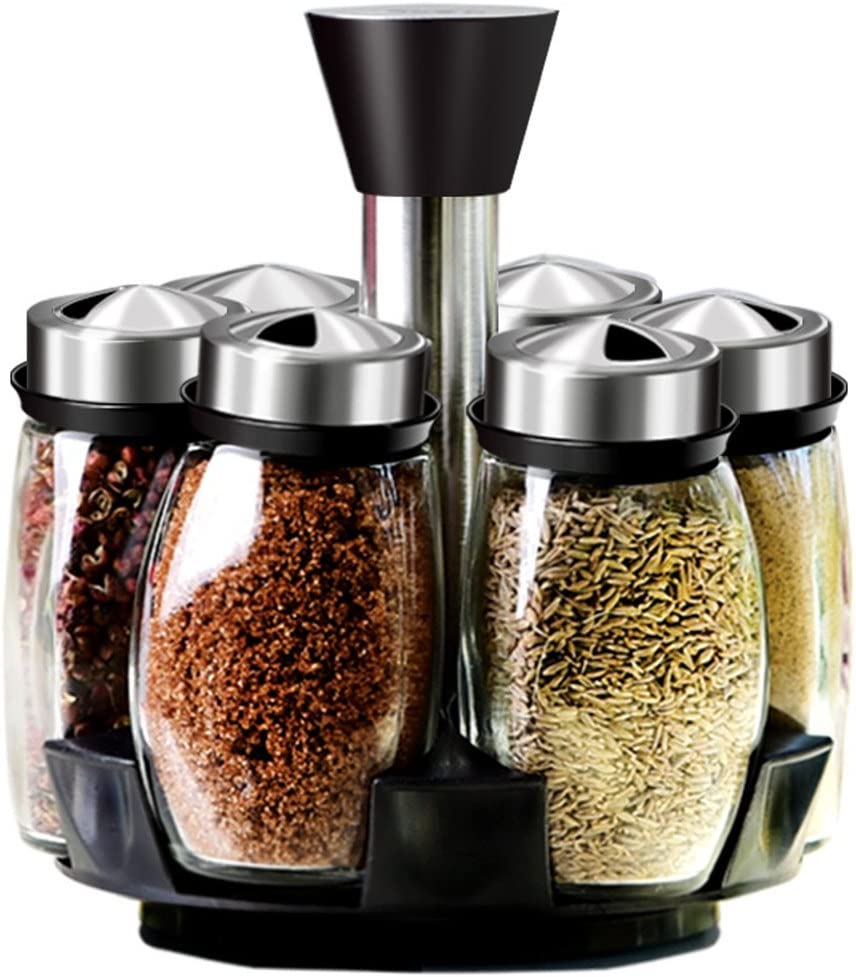 360° Rotatable Spice Rack with 6 Glass Jars – Stainless Steel Kitchen Organizer