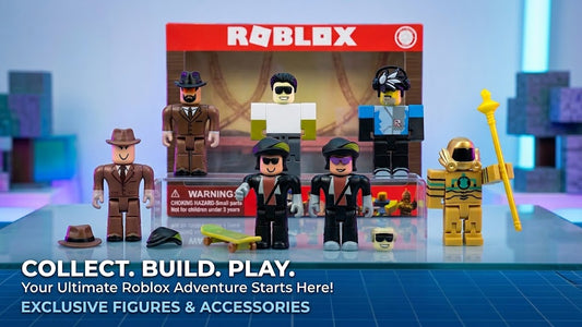 Roblox collectible figure set in branded box with six blocky figures and accessories including hat, cap, skateboard and sunglasses