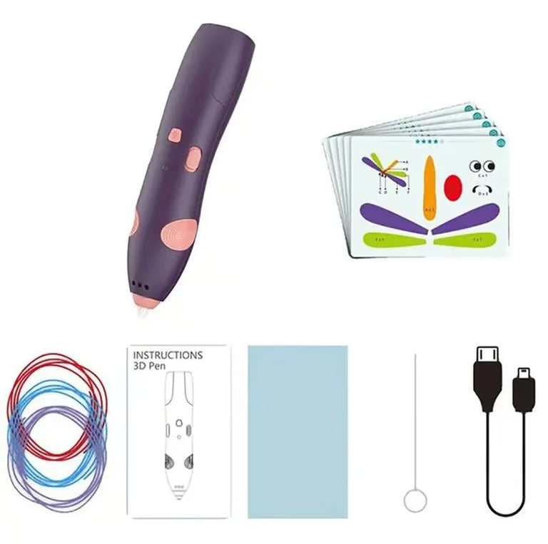 3D pen with accessories including ink cartridges, cable, and instruction sheet on a white background