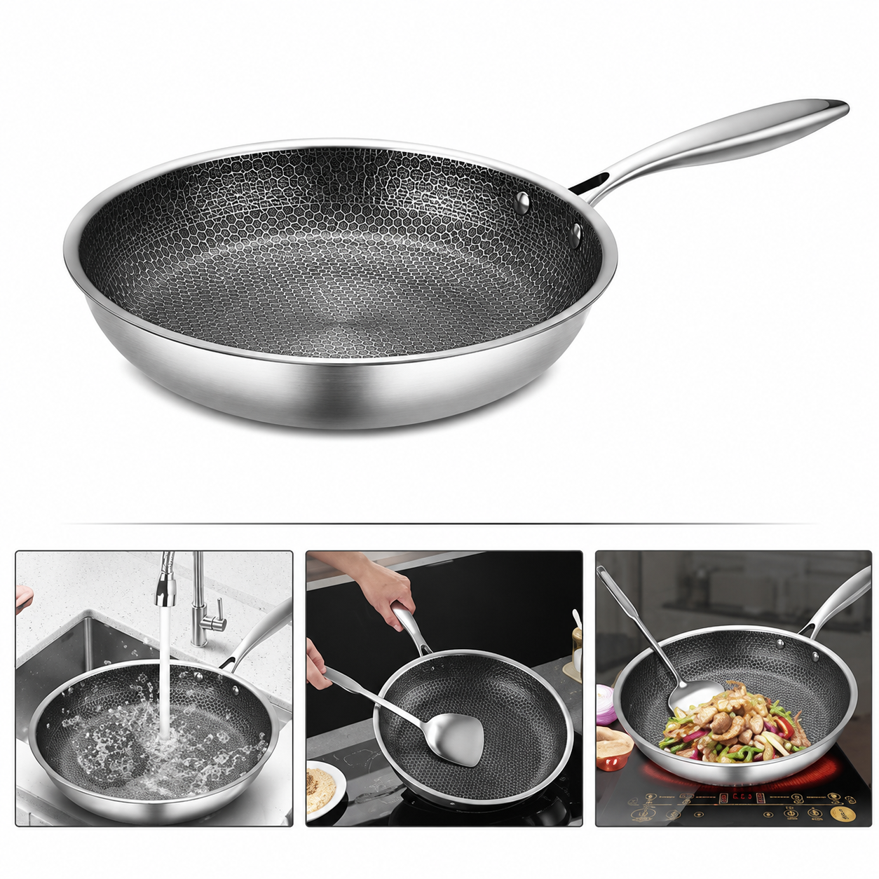 Triply Honeycomb Design Frying Pan – 3-Layer Non-Stick Stainless Steel