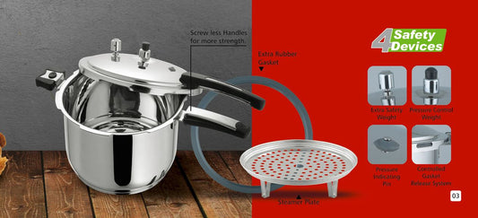 Alpha Stainless Steel Pressure Cooker with 4 Safety Devices & Steamer Plate