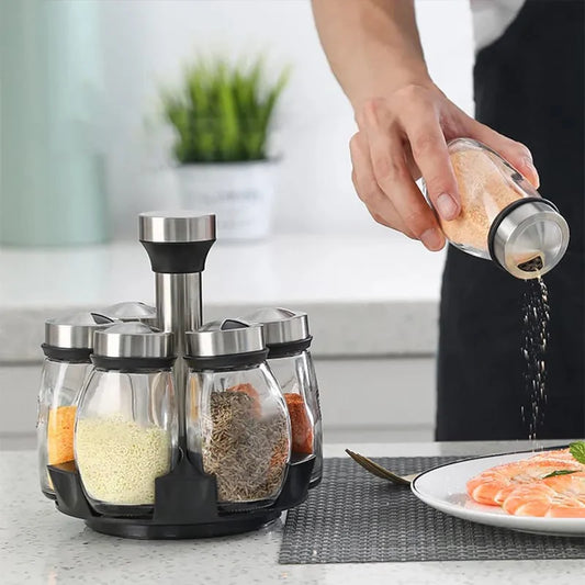 360° Rotatable Spice Rack with 6 Glass Jars – Stainless Steel Kitchen Organizer