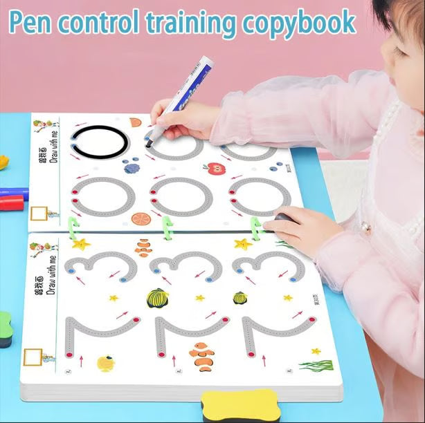 Stroke Line Dot to Dot Pen Control Training Copybook Set - 64 Pages Reusable Writing Practice Book for Kids