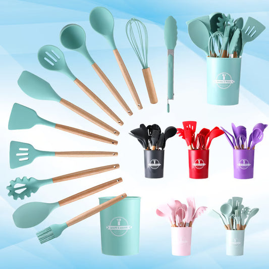 Premium Silicone Kitchen Utensil Set with Wooden Handles - 12 Piece Cooking Tools & Holder
