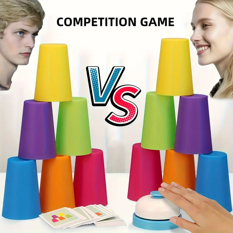 Rainbow Stacking Cup Game for Kids – 12 Cups, 54 Cards & Bell