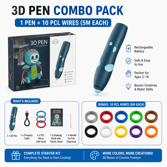 3D pen combo pack with packaging and included items on a white background