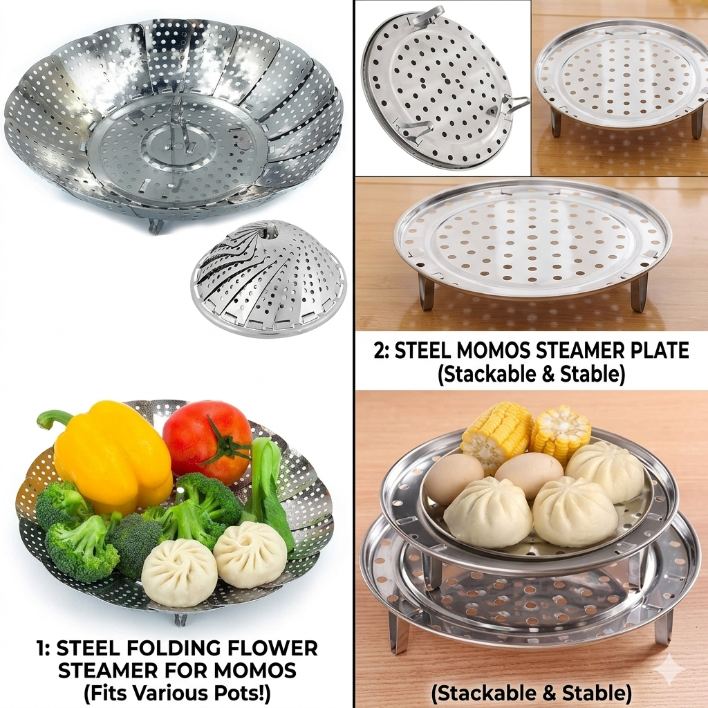 Stainless Steel Momos Steamer Collection – Folding Flower Steamer & Stackable Steamer Plate