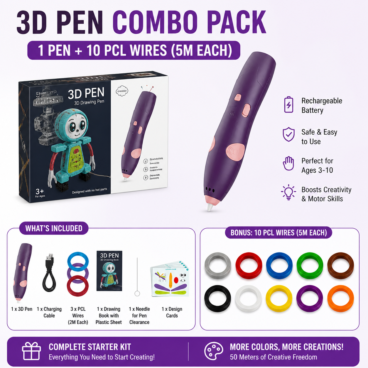 3D pen combo pack with pen, packaging, and bonus PCL wires on a white background
