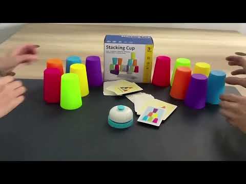 Rainbow Stacking Cup Game for Kids – 12 Cups, 54 Cards & Bell