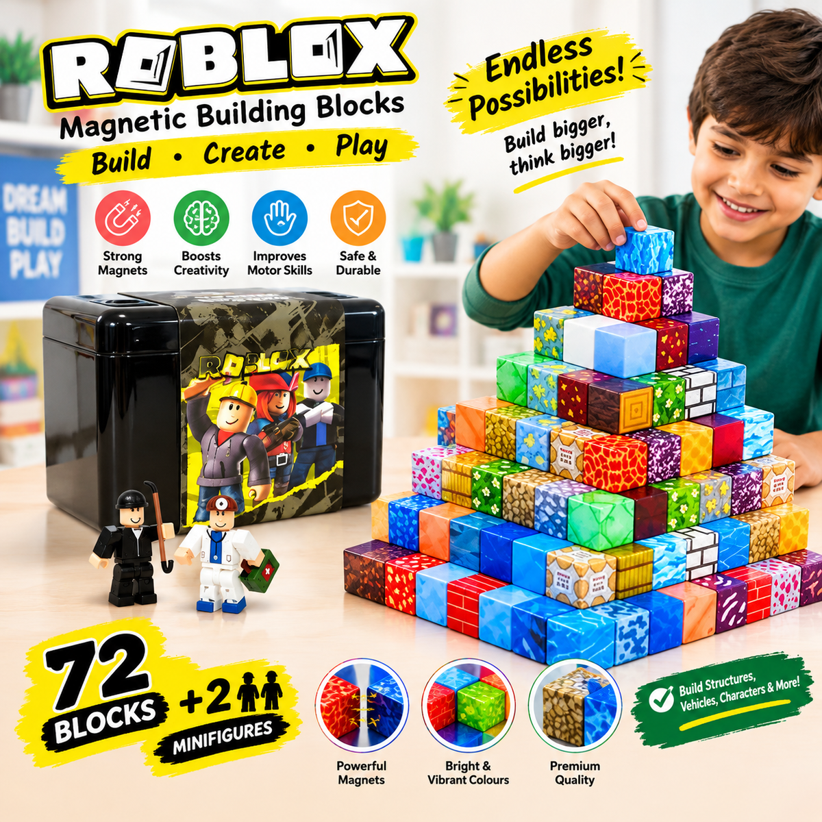 Roblox magnetic building blocks set with 72 colourful blocks, 2 minifigures and a black or red storage box