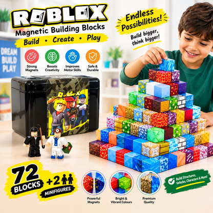 Roblox magnetic building blocks set with 72 colourful blocks, 2 minifigures and a black or red storage box