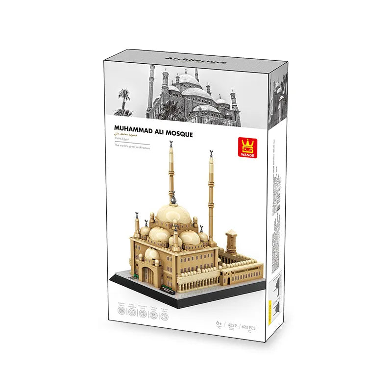 A 3D building block puzzle box for the Muhammad Ali Mosque, featuring a white and gray packaging design with a detailed golden model of the mosque on the front and a red 'MINDDETO' brand logo.
