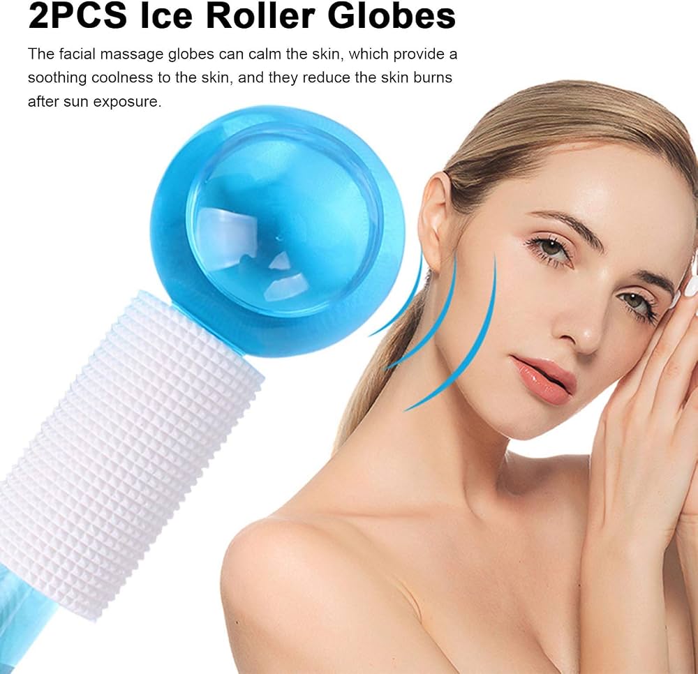 2PCS Ice Roller Globes – blue cryo facial massage tool with non-slip handle, shown being used on face