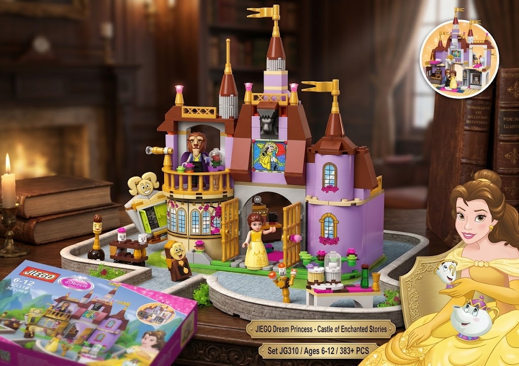 LEGO Dream Princesses - Castle of Enchanted Story set JSC3110, featuring a detailed purple and brown castle model with minifigures, shown alongside the product box and a circular inset showing Belle with the castle.