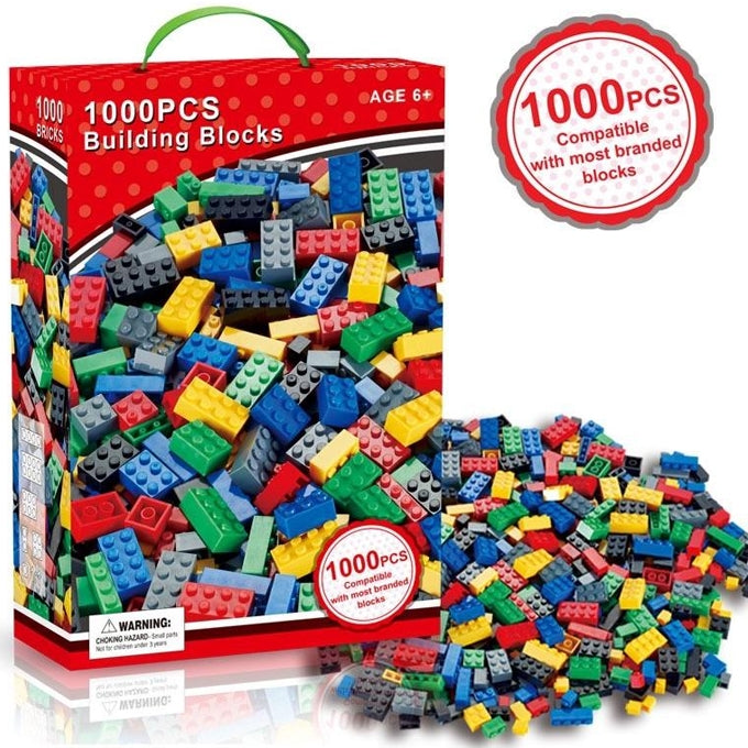 Box of 1000 colourful building blocks with assorted bricks displayed alongside it