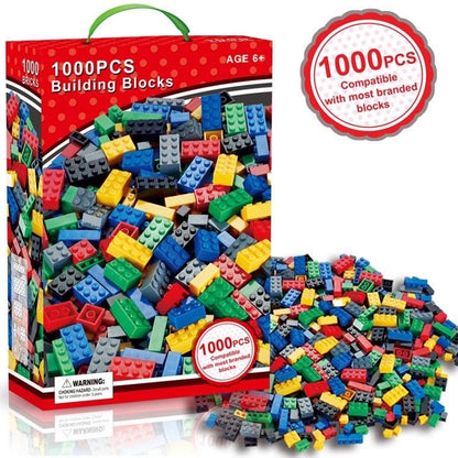 Box of 1000 colourful building blocks with assorted bricks displayed alongside it