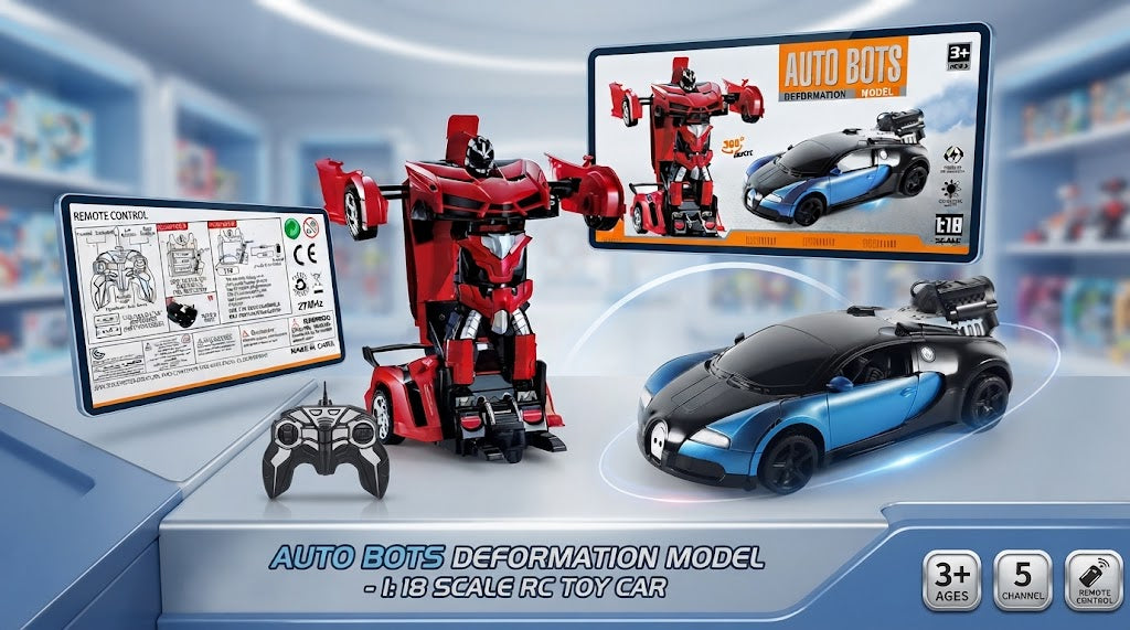 Auto Bots 1:18 transforming remote control toy car with red and black robot design, lights and smoke function