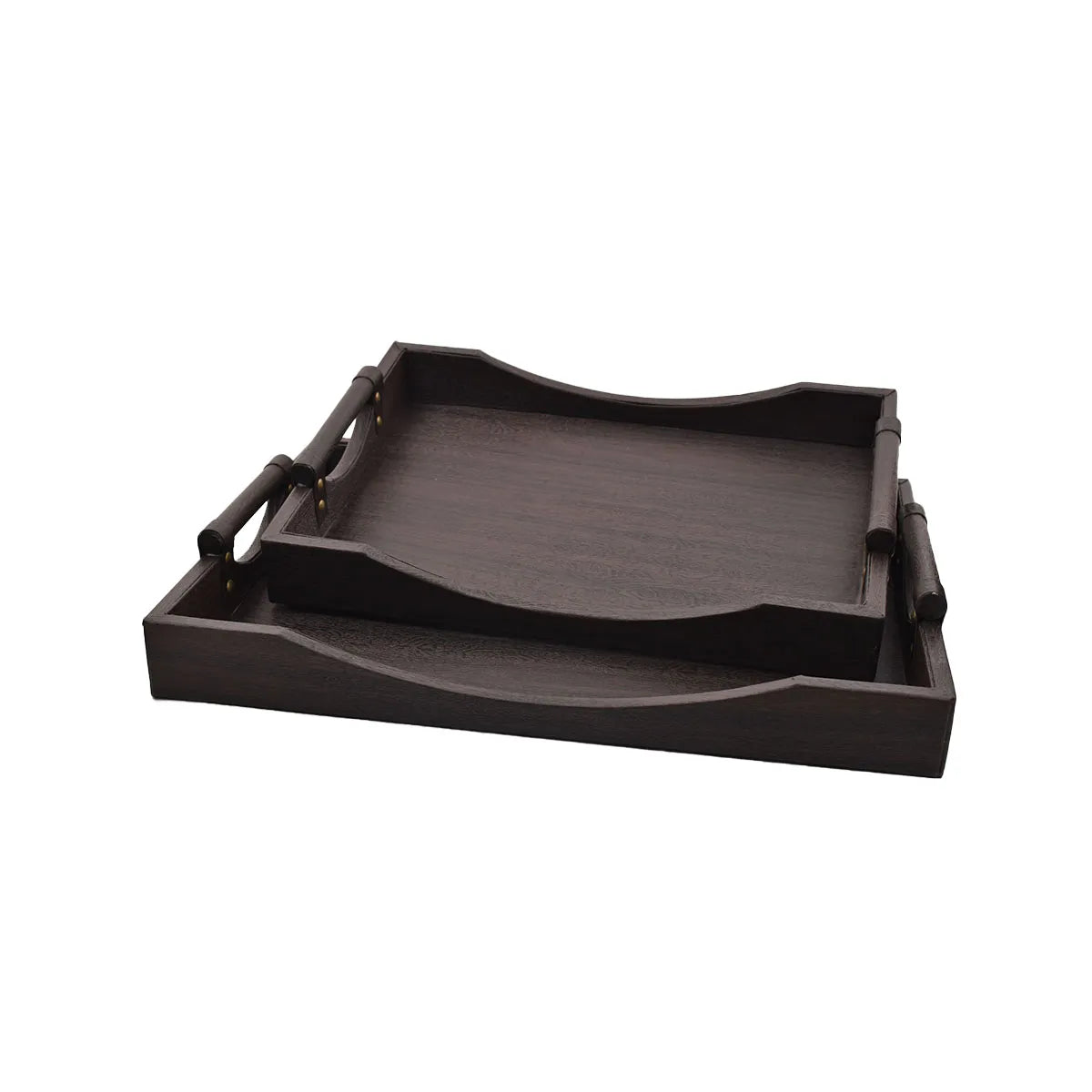 Elegant Wooden Serving Tray Set of 2 – Dark Walnut with Bamboo Handles