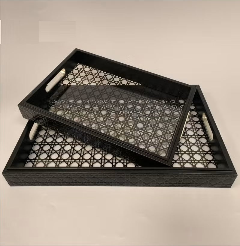 Black Cane Weave Decorative Serving Tray – Set of 2
