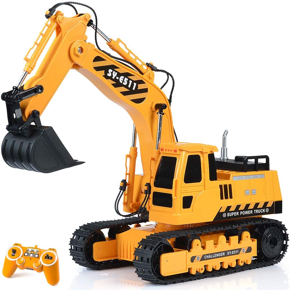 Yellow remote control excavator toy with tracked construction design and handheld controller