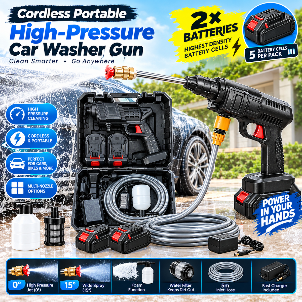 Cordless portable car washer gun kit with two batteries, foam bottle, hose, spray nozzles, charger and carry case