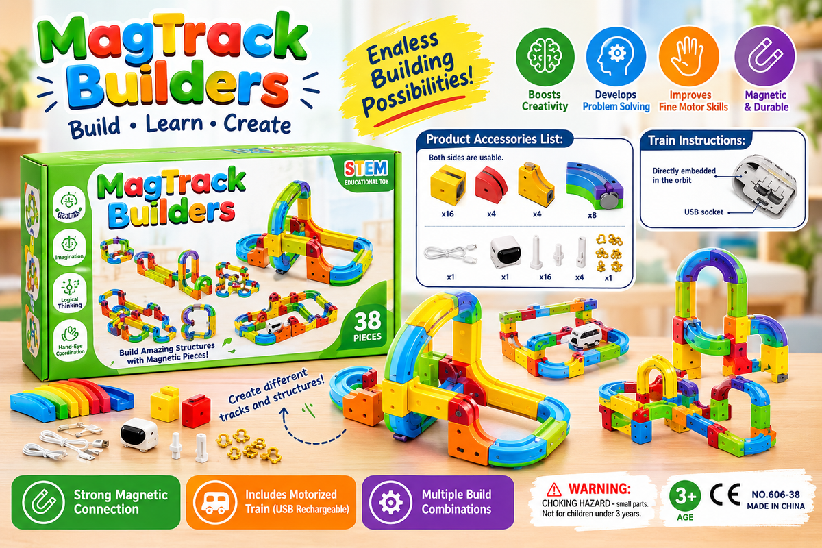 MagTrack Builders 38-Piece Magnetic Track Building Set with USB Rechargeable Motorized Train – STEM Educational Toy for Kids Age 3+