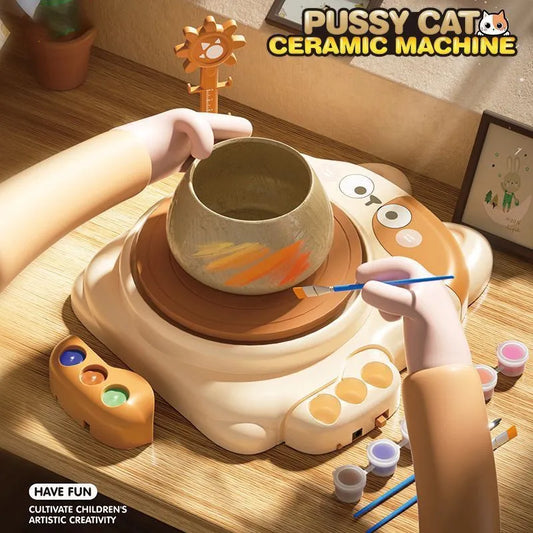 Pussy Cat Ceramic Machine - Kids Pottery Wheel Kit with Paints & Lamp