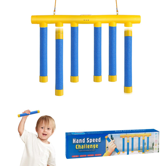Hand Speed Challenge kids foam bat reaction game with 6 blue foam rods hanging from yellow bar, with child holding foam bat
