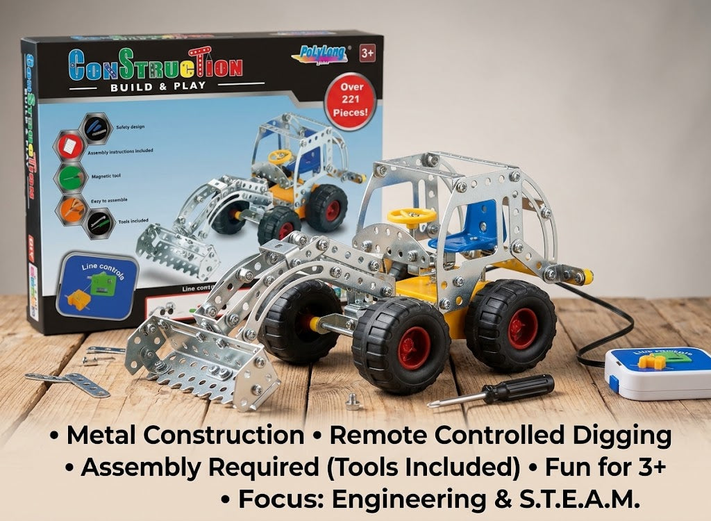 A metal construction toy set shown with its retail box on a tabletop. The set includes a silver excavator-style digging vehicle with black wheels and red wheel hubs, loose metal parts, a small remote control, and accessories.
