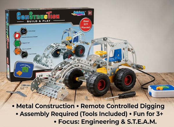 A metal construction toy set shown with its retail box on a tabletop. The set includes a silver excavator-style digging vehicle with black wheels and red wheel hubs, loose metal parts, a small remote control, and accessories.