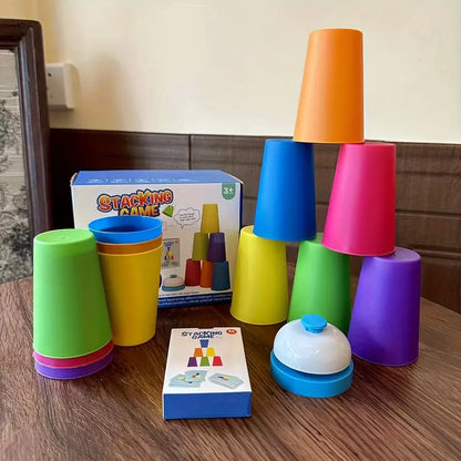 Rainbow Stacking Cup Game for Kids – 12 Cups, 54 Cards & Bell