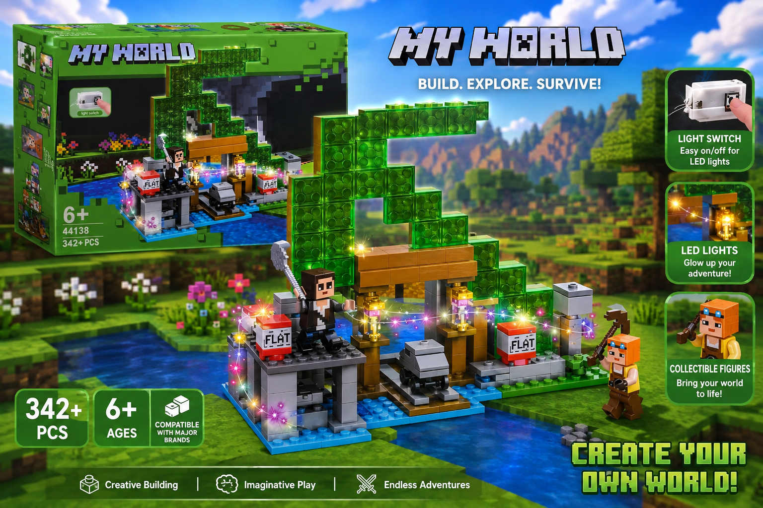 My World Building Blocks Set 44138 – 342 pieces with LED lights and collectible figures, Minecraft-compatible construction toy for kids ages 6+