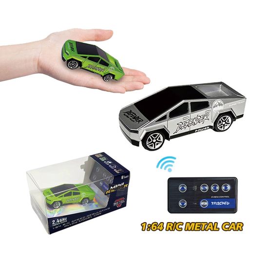1:64 scale mini RC metal cars in green and silver with 2.4GHz remote and display box