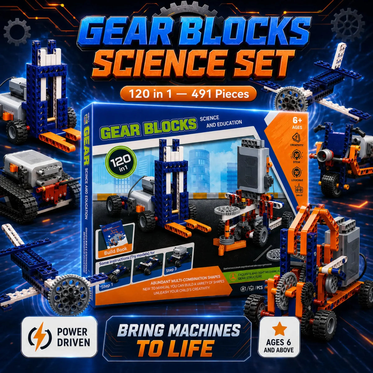Gear Blocks Science and Education Set features — motor driven, 120-in-1 builds, 491 pieces, remote control, build book, STEAM learning