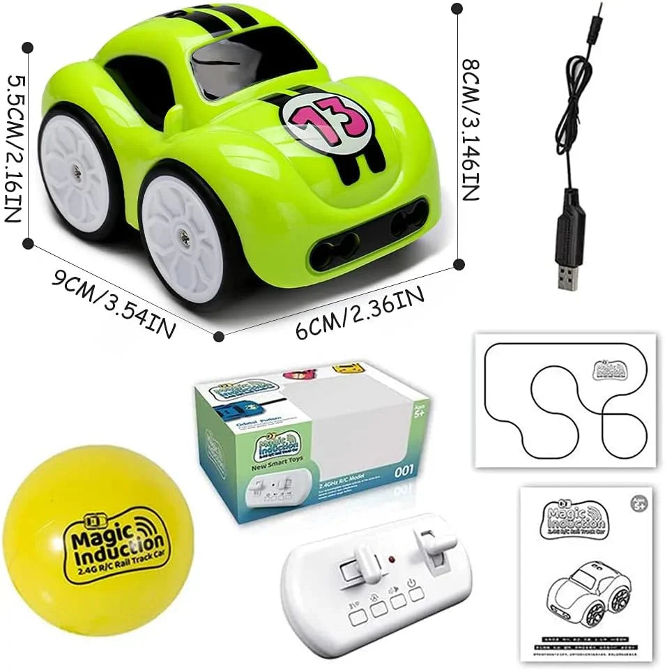 Toy car with remote control, ball, and packaging on a white background