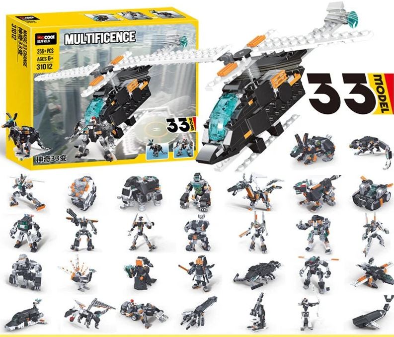 LEGO Duplo Multicence toy building set shown with its yellow retail box and many assembled mini-figures and vehicles arranged below on a white background. Large text reads '33 MODEL'.