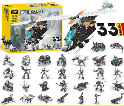 LEGO Duplo Multicence toy building set shown with its yellow retail box and many assembled mini-figures and vehicles arranged below on a white background. Large text reads '33 MODEL'.