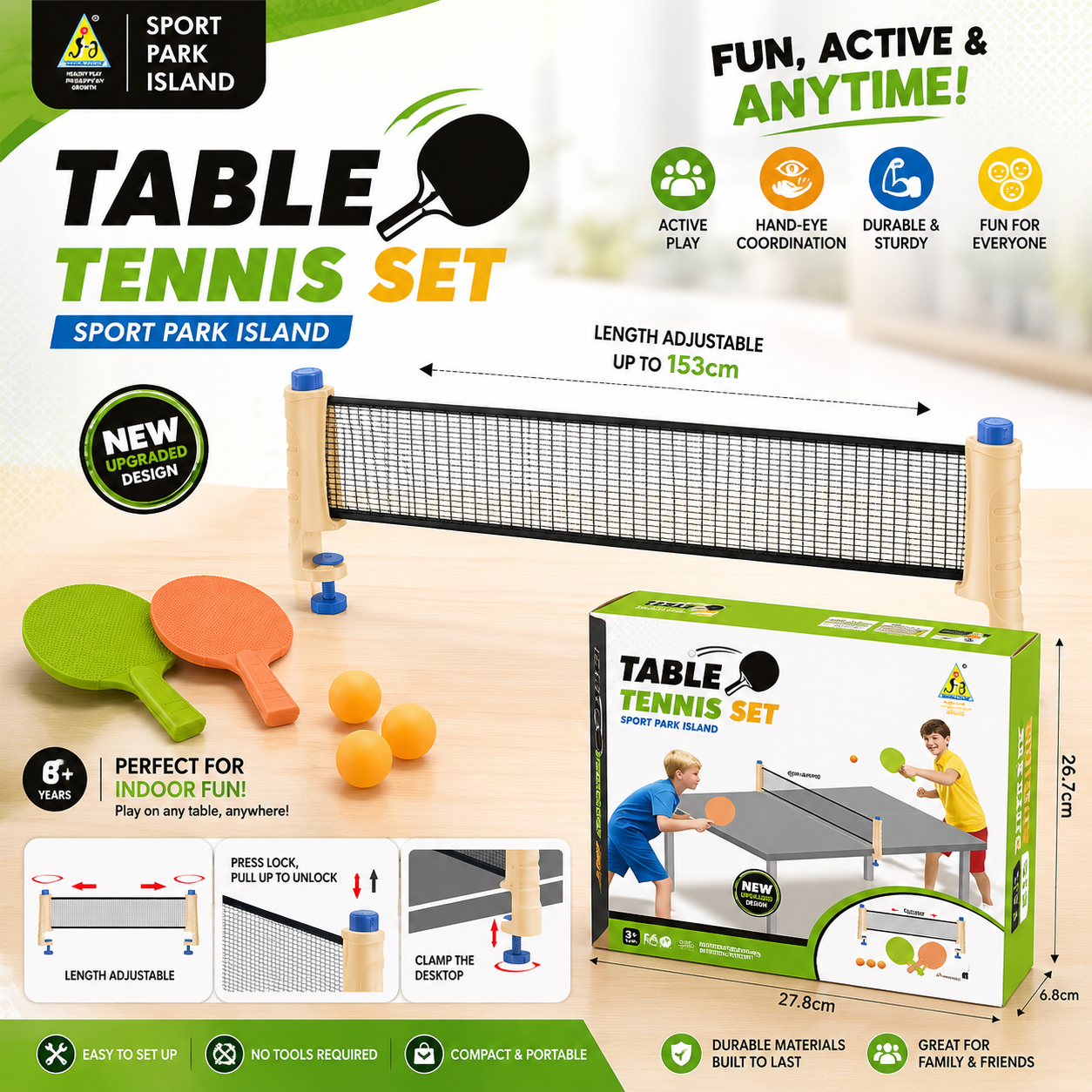 Sport Park Island Table Tennis Set with adjustable net up to 153cm, 2 paddles and 3 balls on a table