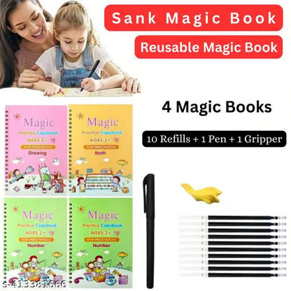 سانک میجک بک - دوبارہ قابل استعمال پریکٹس کاپی بک سیٹ (4 کتابیں + 10 ریفلز + قلم + گرپر)
