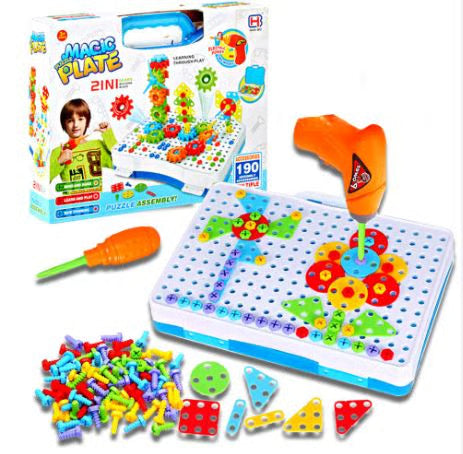 2-ان-1 میجک پلیٹ تعمیراتی کھلونا سیٹ - الیکٹرک ڈرل کے ساتھ 194 ٹکڑوں کی تخلیقی بلڈنگ کٹ