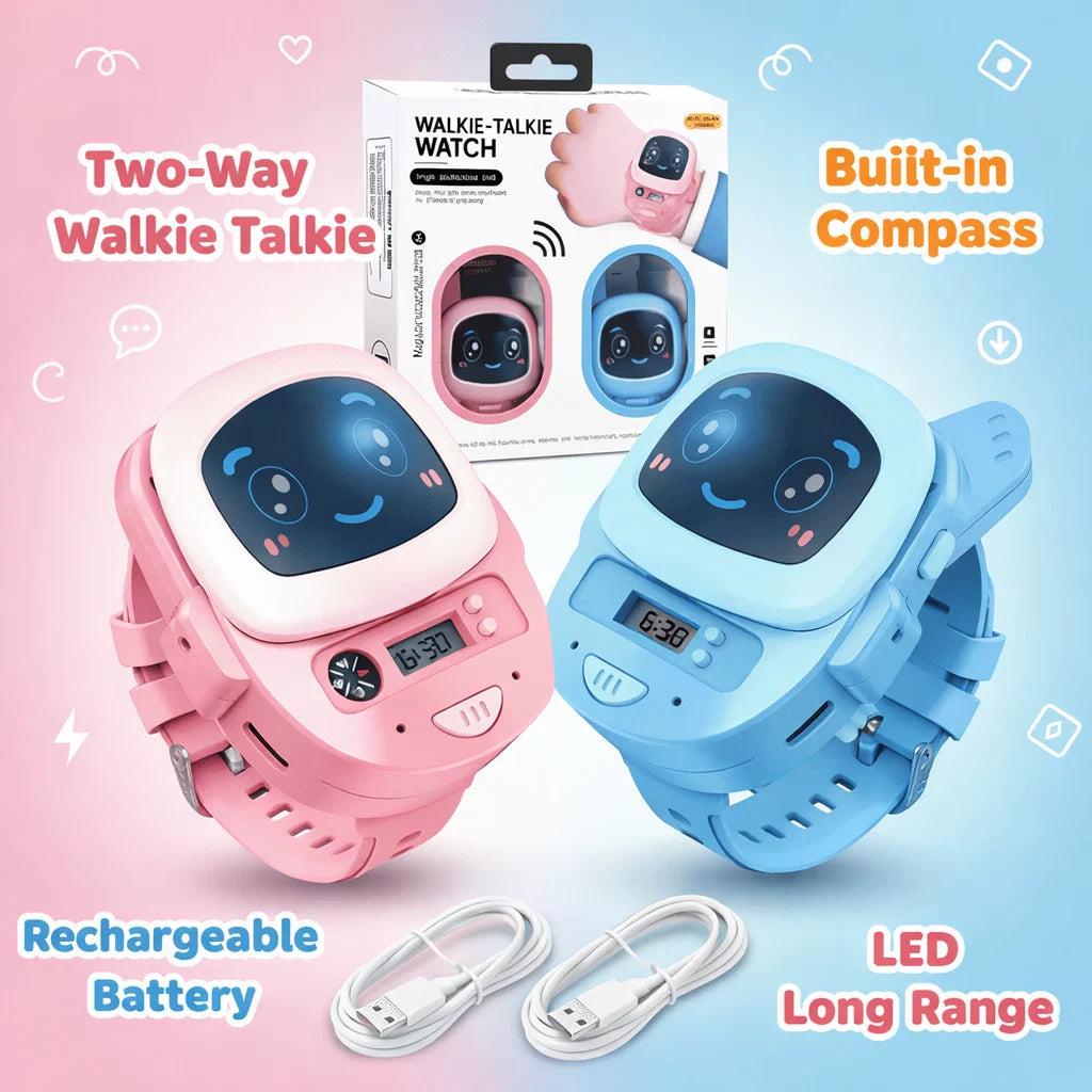 Kids Walkie Talkie Watch in Pink and Blue with built-in compass, LED flashlight and rechargeable battery
