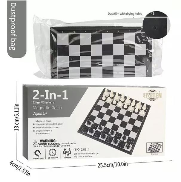2-in-1 مقناطیسی شطرنج اور چیکرس بورڈ گیم سیٹ - فولڈنگ کیس کے ساتھ سفر کا سائز