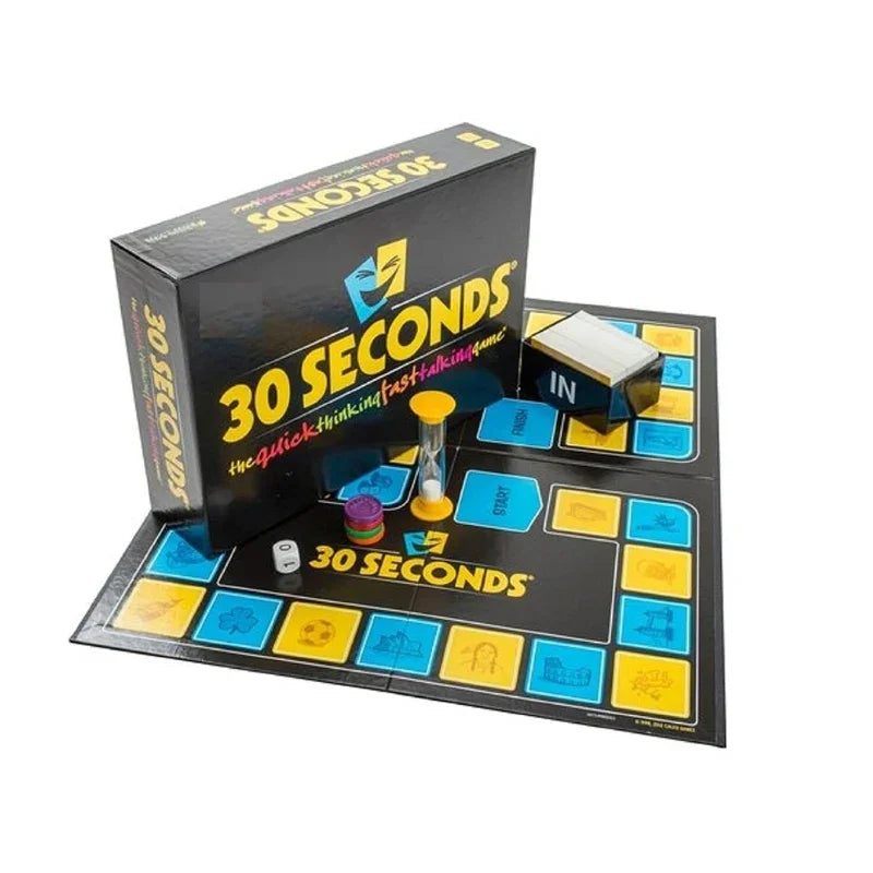 30 Seconds board game with black box, blue and yellow board, sand timer, cards, coloured playing counters and die