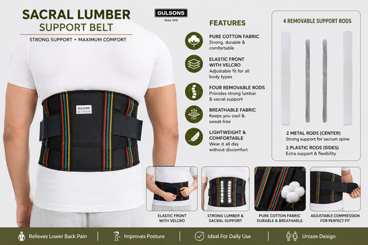 Sacral Lumber Support Belt with 4 removable rods – pure cotton, breathable, adjustable Velcro fit for lower back and sacral pain relief