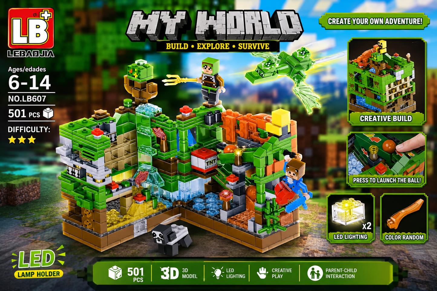LB+ My World Minecraft-Style 501 Piece Building Block Set with LED Lighting and Minifigures