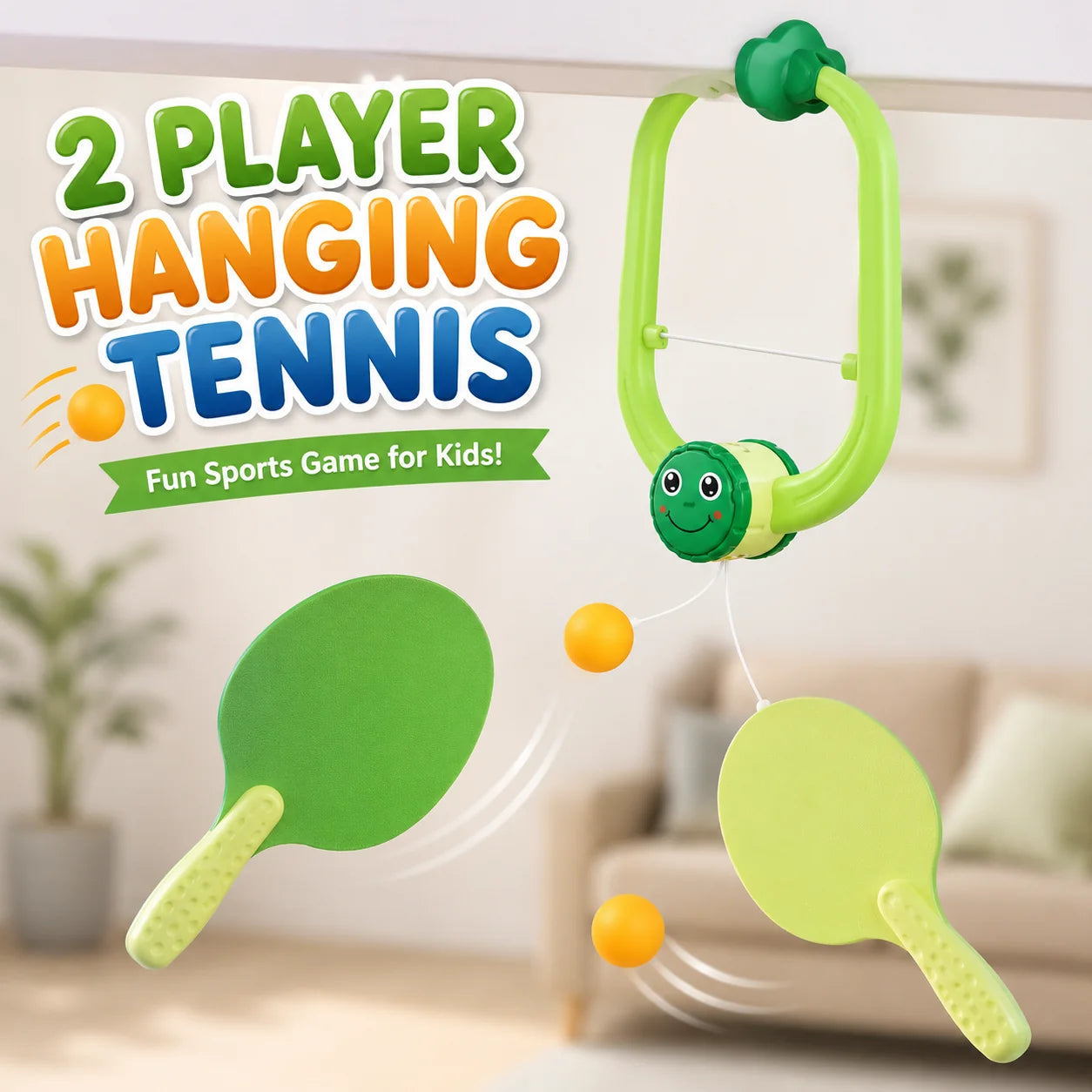 2 Player Hanging Tennis Game for Kids with turtle design, 2 green paddles and orange balls