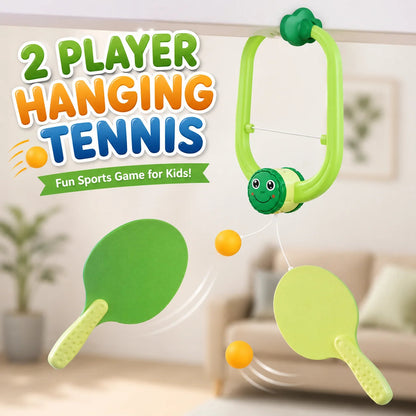 2 Player Hanging Tennis Game for Kids with turtle design, 2 green paddles and orange balls