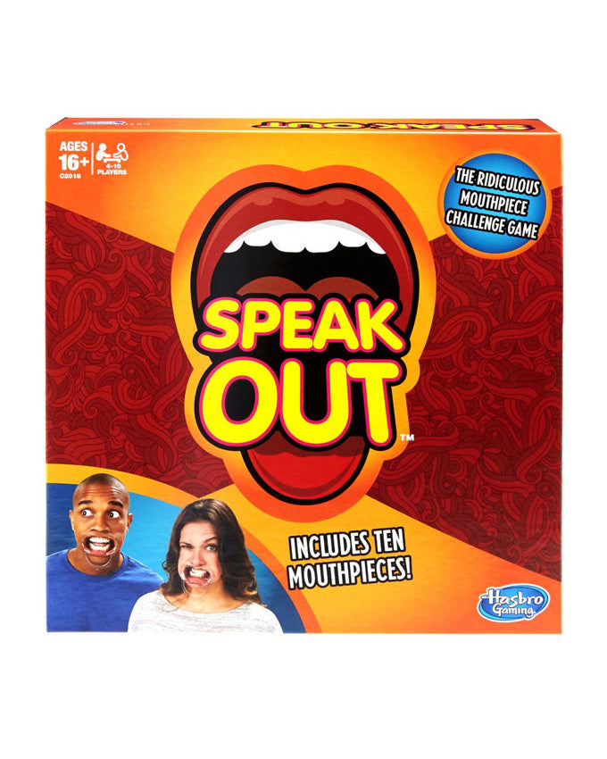 Speak Out Game by Hasbro Gaming – The Ridiculous Mouthpiece Challenge Party Game box, includes 10 mouthpieces, for ages 16+, 4-10 players