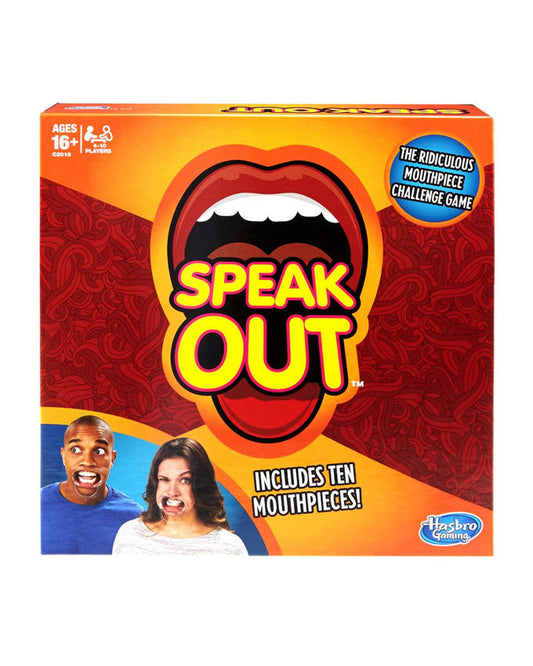 Speak Out Game by Hasbro Gaming – The Ridiculous Mouthpiece Challenge Party Game box, includes 10 mouthpieces, for ages 16+, 4-10 players